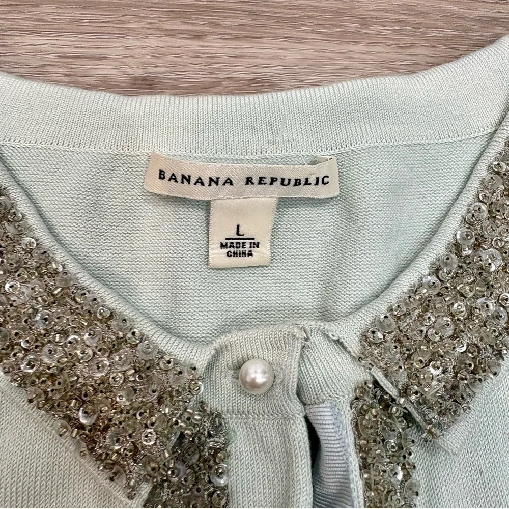 Banana Republic Silk Cotton Blue Cardigan Beaded Trim sz L - Picture 4 of 8